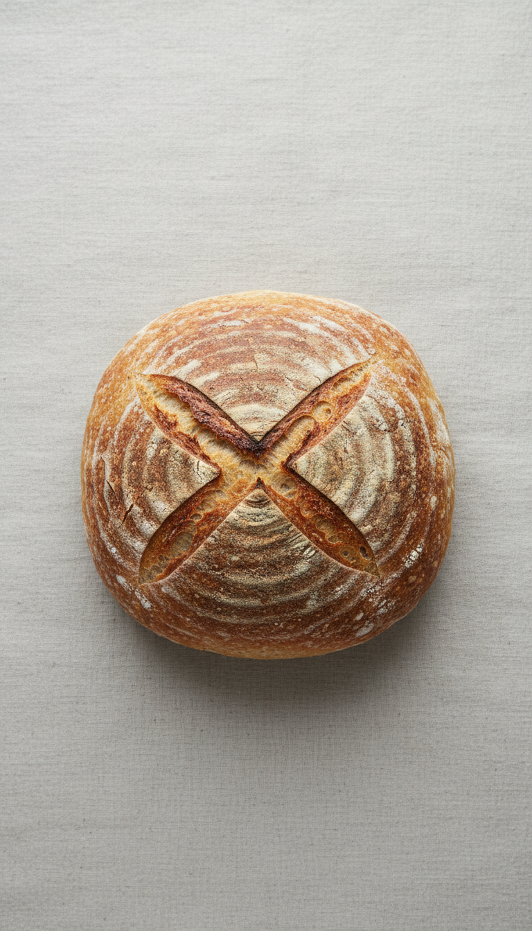 Rustic sourdough boule with cracked crust